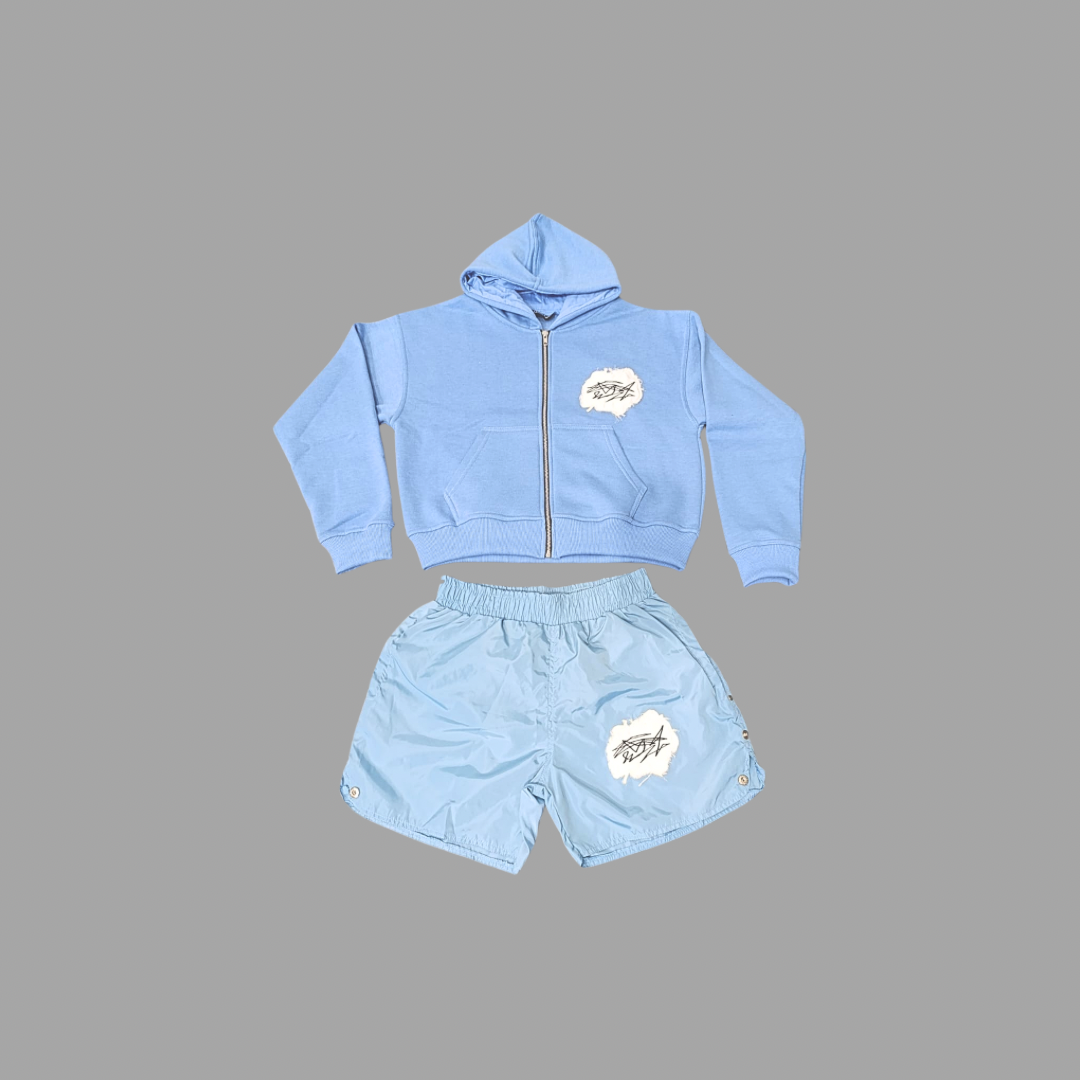 Scribble Patch Hoodie Shortset In Light Blue