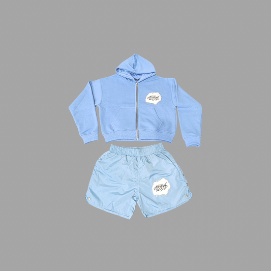 Scribble Patch Hoodie Shortset In Light Blue